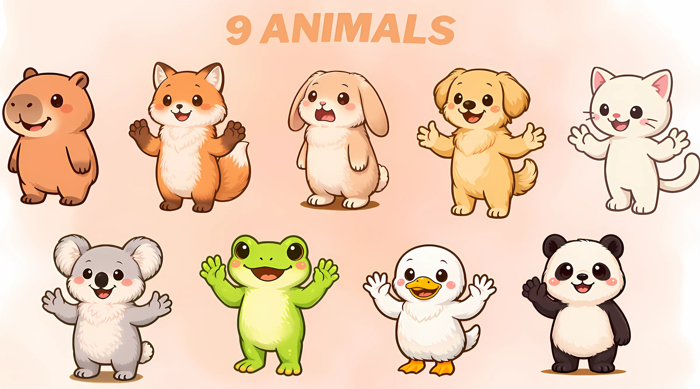 The nine illustrated animals included in Cute Animals — Hobbies