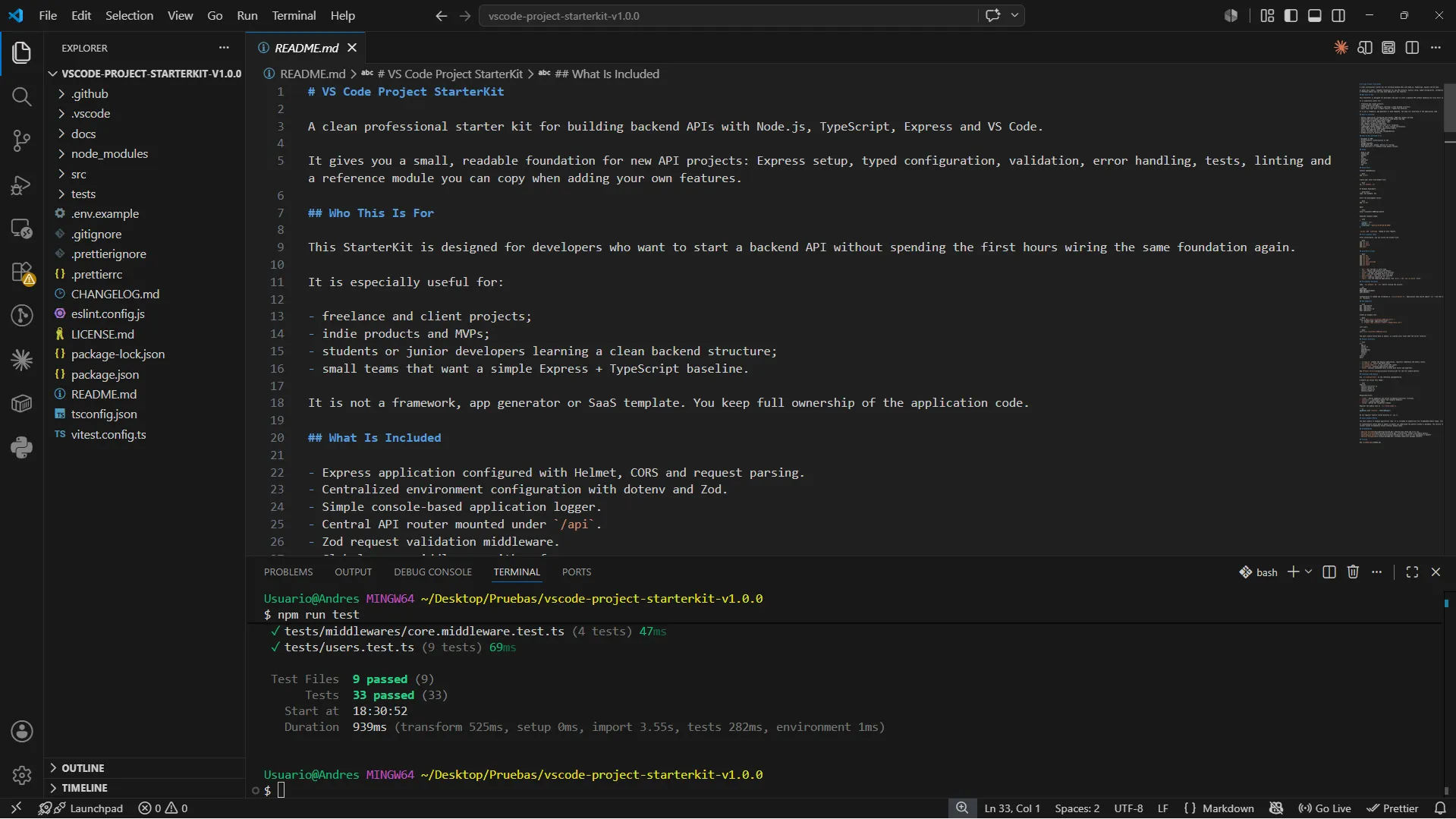 Terminal showing the StarterKit automated test suite passing