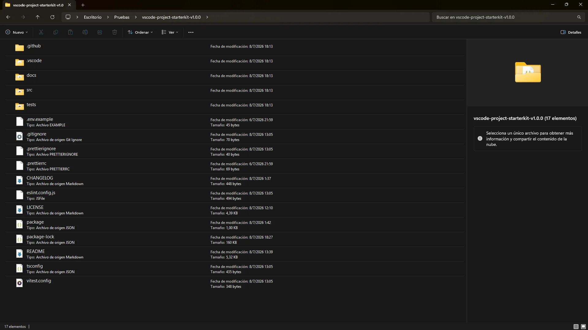 Commercial StarterKit package showing its delivered folders and configuration files