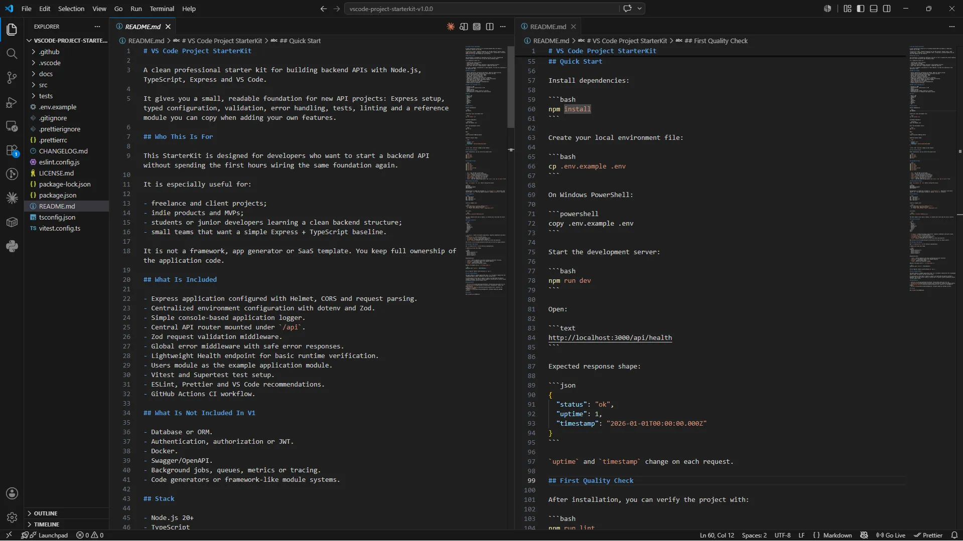 StarterKit documentation open in VS Code