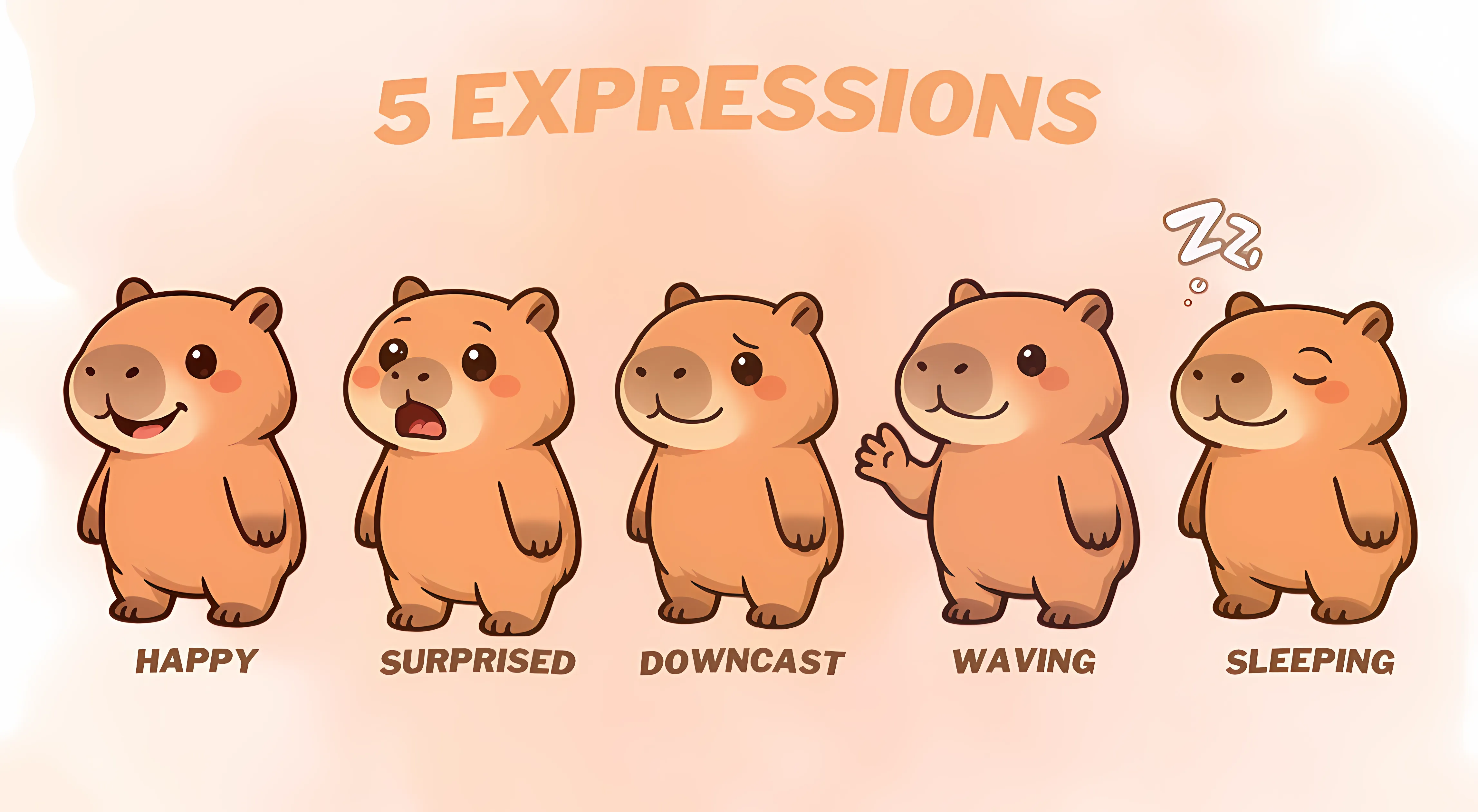 Examples of the happy, sad, sleeping, surprised and waving expressions