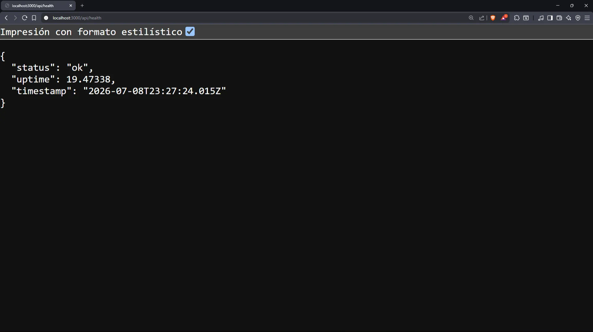 Browser showing a successful JSON response from the StarterKit health endpoint