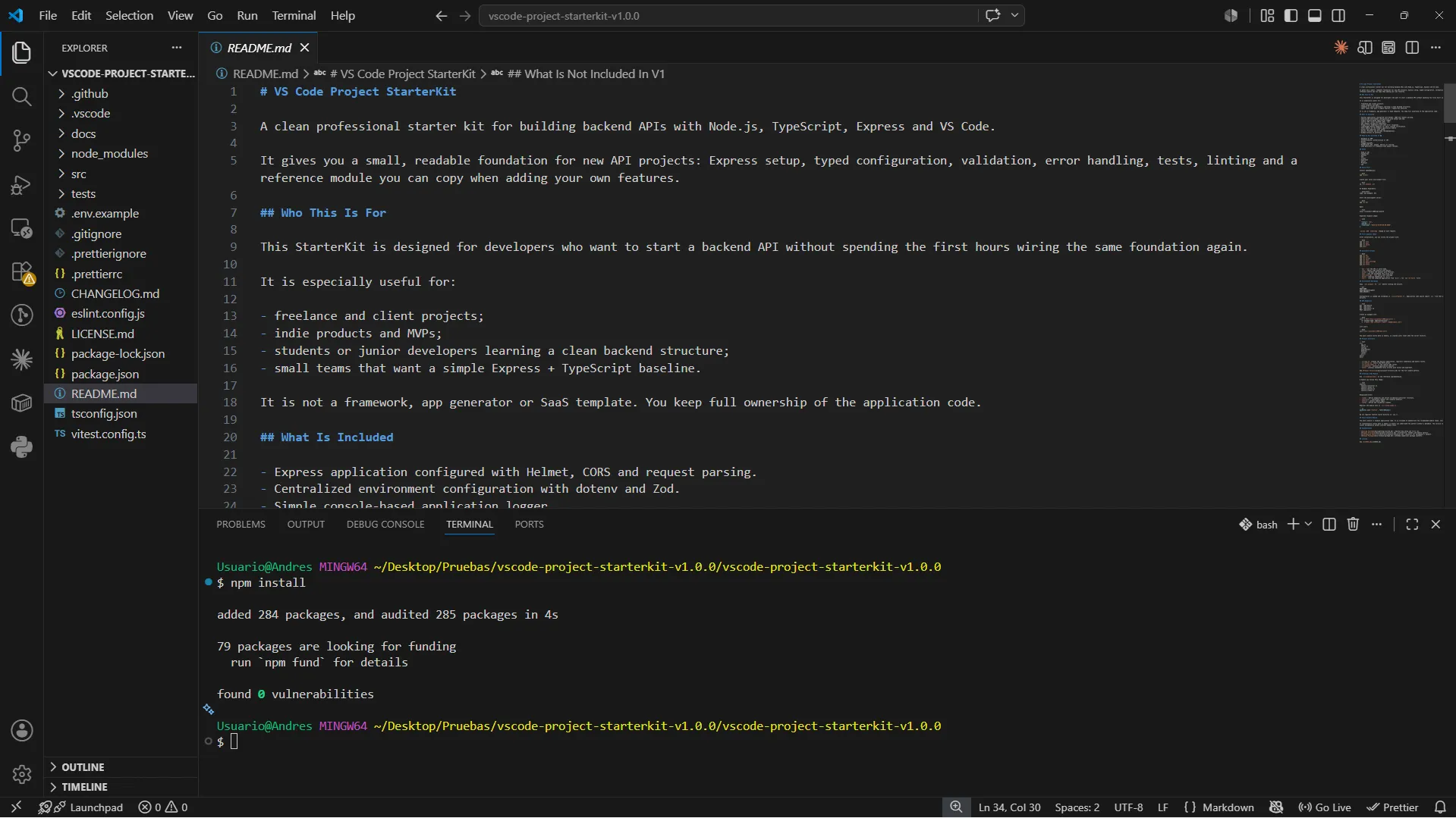 Terminal showing the StarterKit dependencies installed successfully