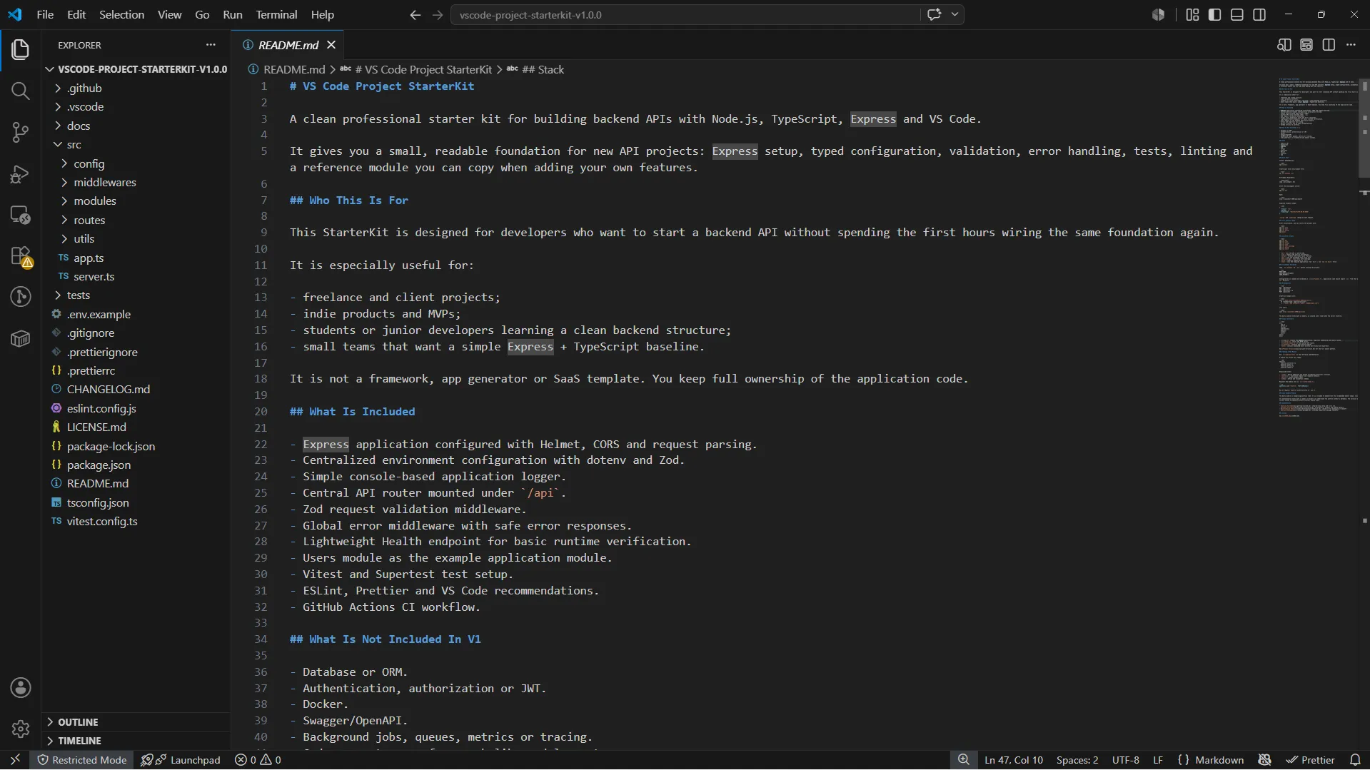 VS Code showing the StarterKit project structure and README