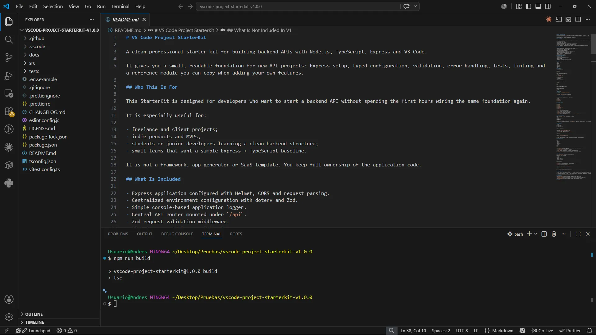 Terminal showing the StarterKit TypeScript build completing successfully