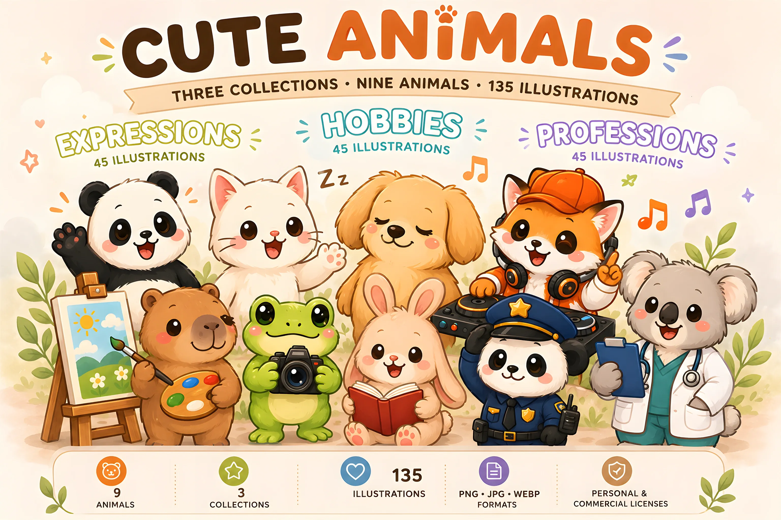 Cute Animals family cover featuring Expressions, Hobbies and Professions
